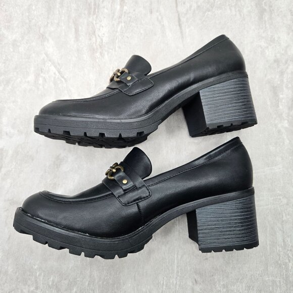 WM Platform Loafers 10 Black Faux Leather Y2K Retro Academia Preppy Chunky Shoes - Picture 7 of 12
